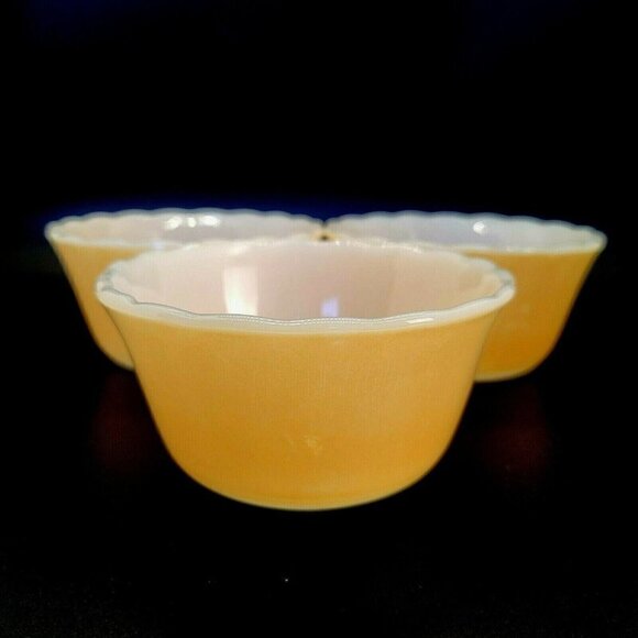3 Vintage Fire-King 1 Reverse Logo Peach Luster Custard Dish #424 6oz Scalloped - Picture 1 of 5